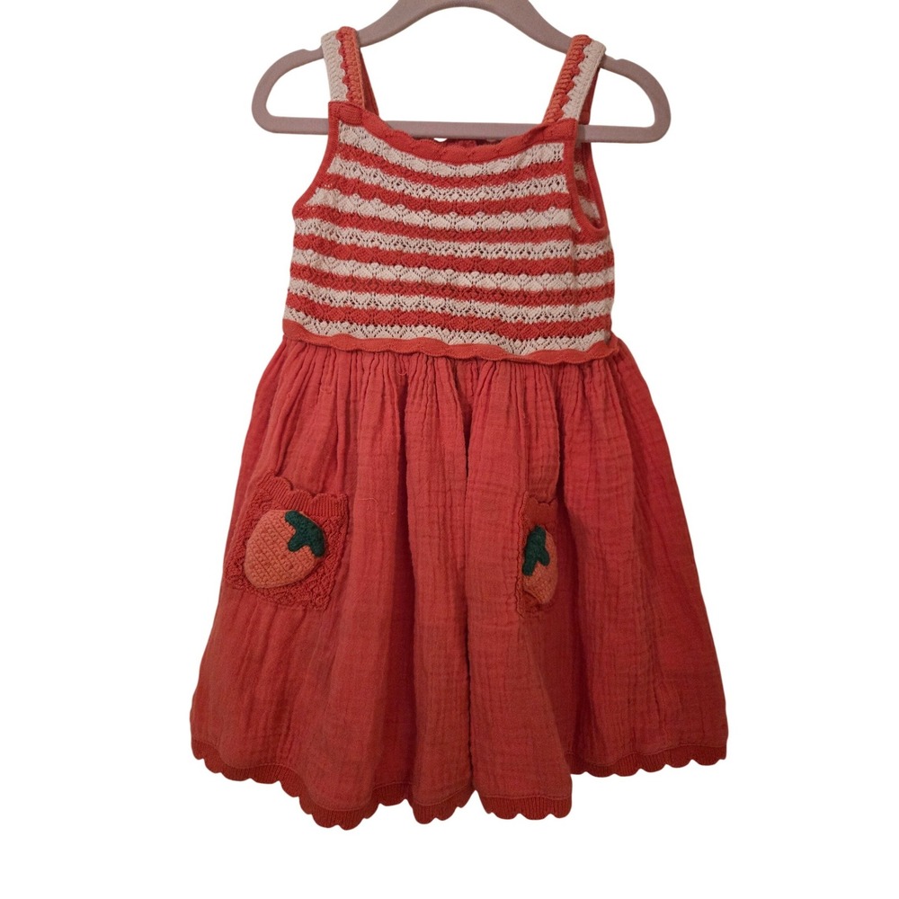 Next Kids Strawberry Crochet Cotton Gauze Striped Dress Orange White 1.5-2Y 92cm